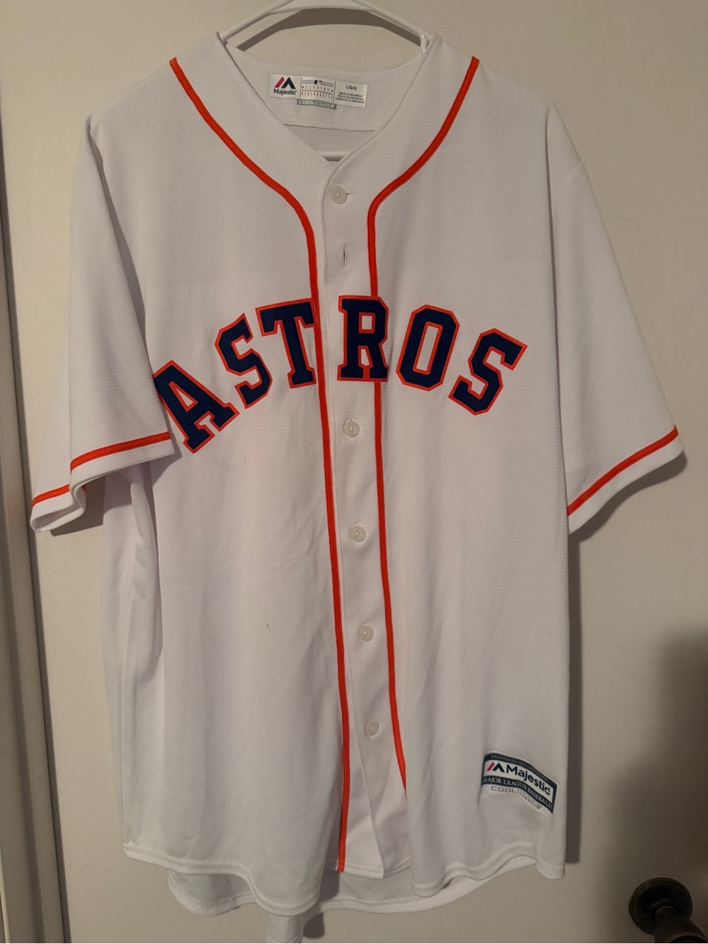 Majestic White Baseball Jersey with Red and Navy Logo Accents